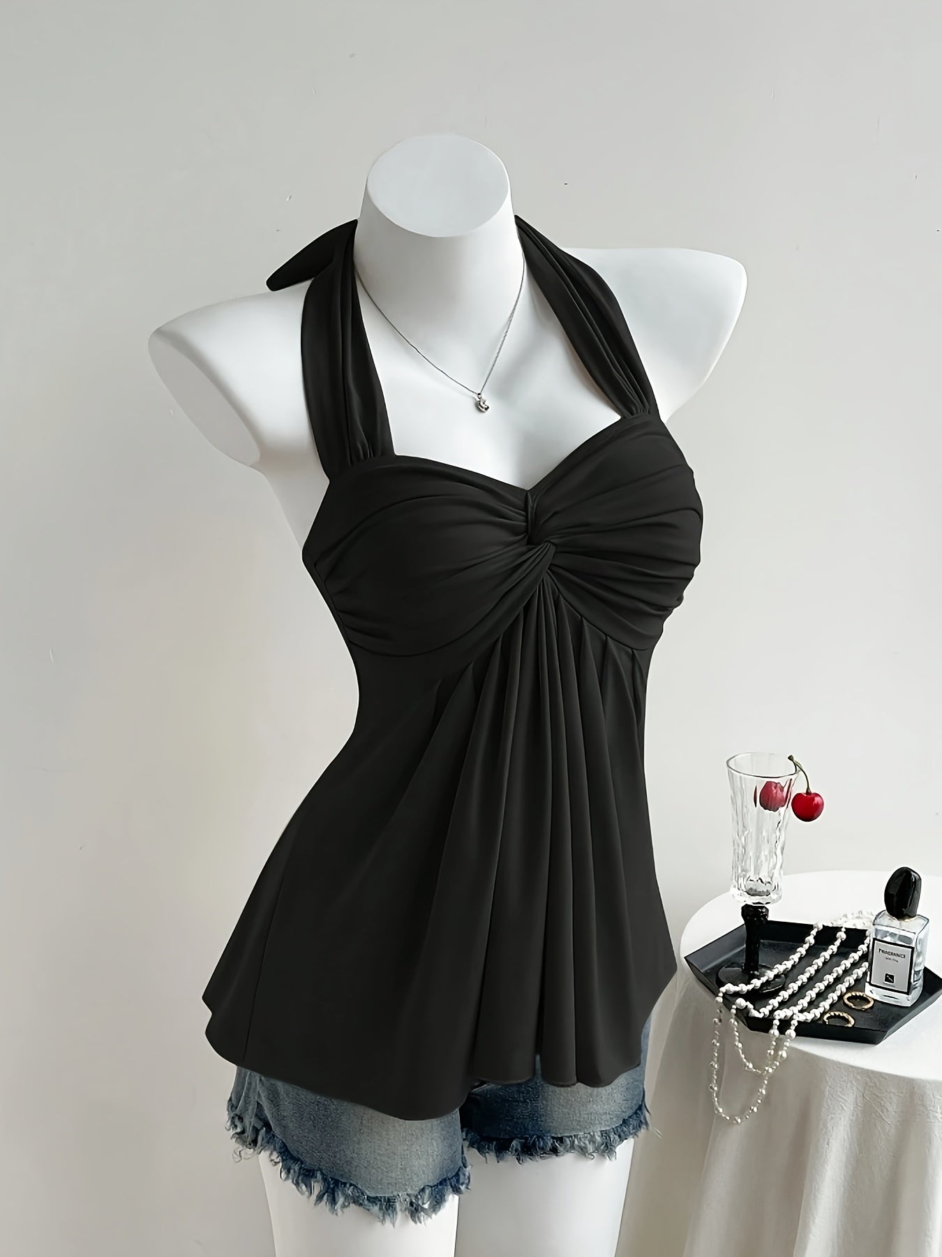Women'S Peach Color Off-Shoulder Halter Top with Twist Detail - Sexy Backless Design, Solid Color, All-Season Wear, Stylish Halter Top|Trendy Halter Top|Polyester Fabric