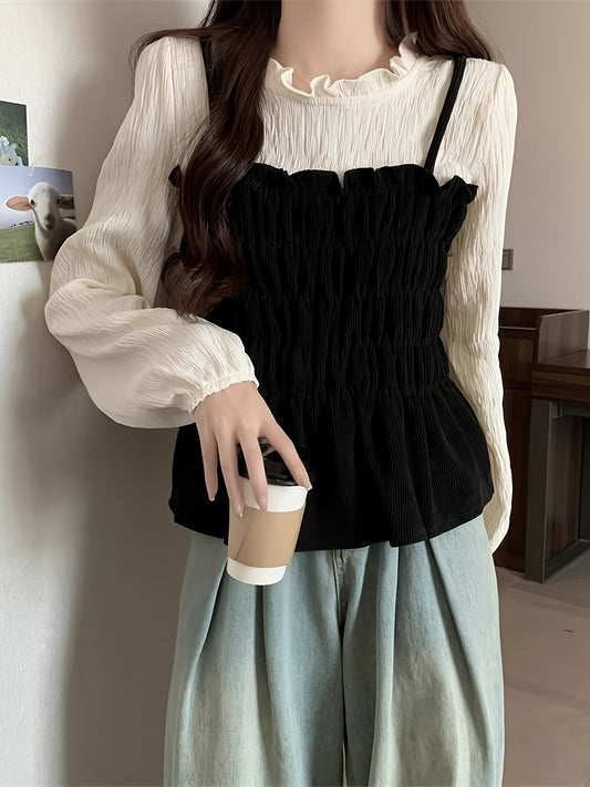 Women'S French-Inspired Color Block Ruffled Blouse - Vintage Stand Collar Long Sleeve Loose Fit Top with Chest Ruching, White & Brown Contrast, Relaxed Fit for Fall Winter Casual & Formal Wear, Autumn Fashion, Frenchinspired Design, Structured Sleeves