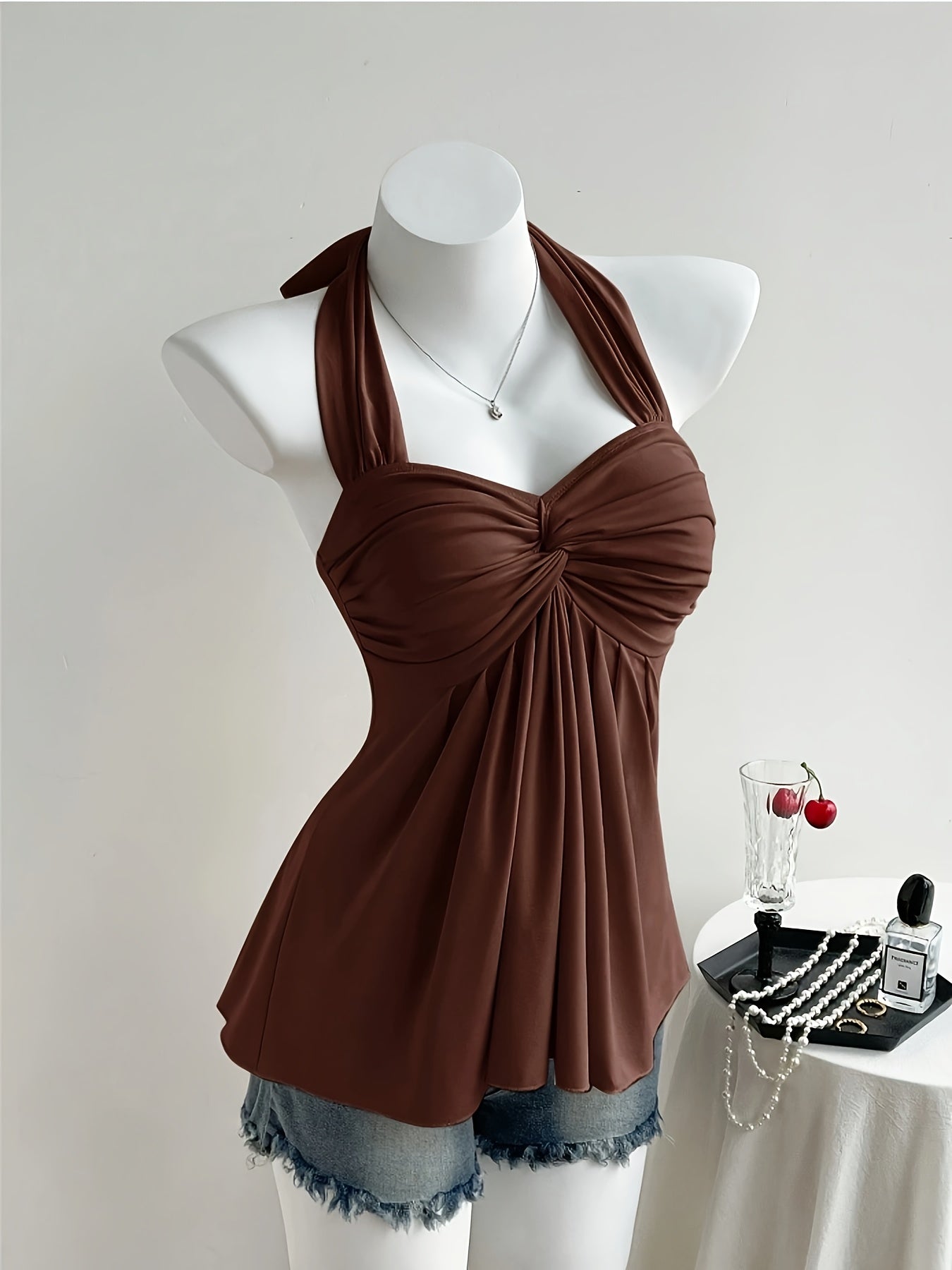 Women'S Peach Color Off-Shoulder Halter Top with Twist Detail - Sexy Backless Design, Solid Color, All-Season Wear, Stylish Halter Top|Trendy Halter Top|Polyester Fabric