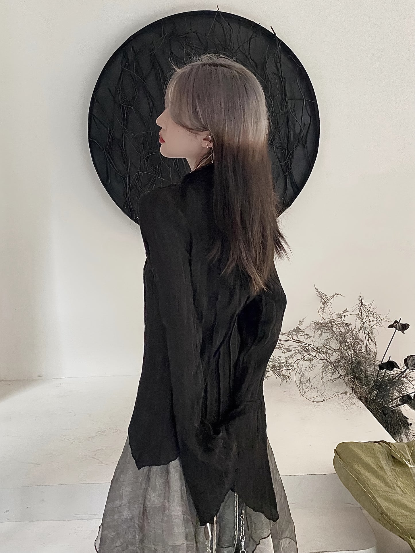 Women's Asymmetrical New Design Long-Sleeve Shirt - Vintage Slim Fit Blouse with V-Neck and Button Details, Versatile for Spring\u002FAutumn Wear, Machine Washable, Stylish & Durable Fabric, Chic Casual Look