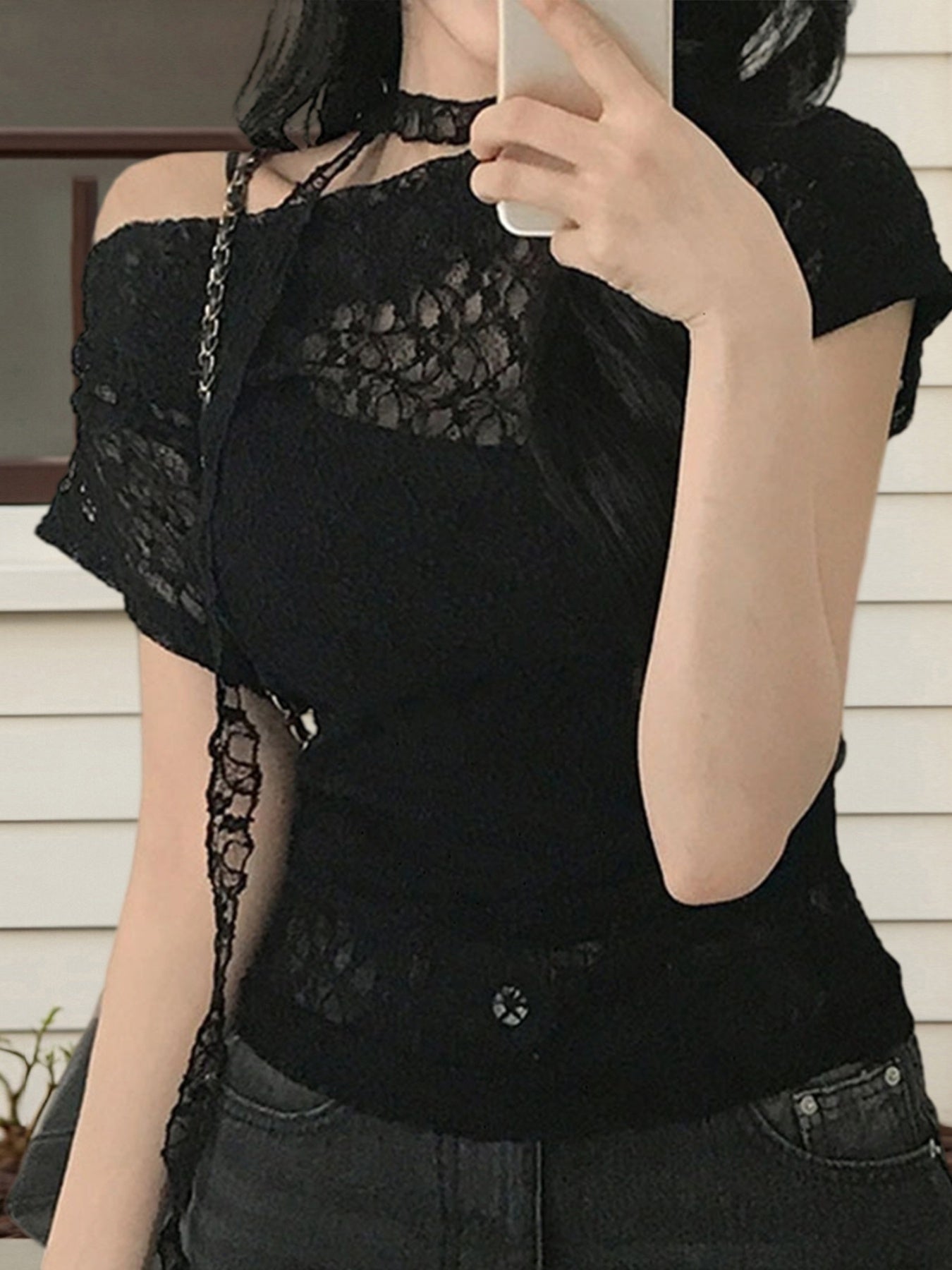 Women'S Summer Lace Off-Shoulder Top with Scarf - Casual Chic Off-Shoulder Blouse, Solid Color, Lightweight & Breathable for Streetwear, Spring\u002FSummer Fashion, Summer Fashion Top | Chic Offshoulder | Lightweight Top
