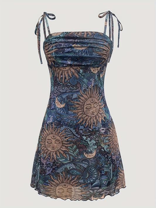 Women'S Mid-Length Camisole Dress with Mesh Print