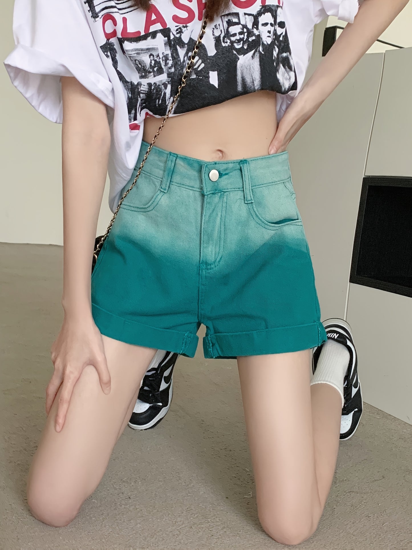 Women's High-Waist Green Ombre Denim Shorts - A-Line Cut, Loose Fit, Casual Summer Jean Shorts with Slant Pockets, Machine Washable, High Waisted Shorts, Casual Attire, Straight Leg Design, Smooth Texture Fabric