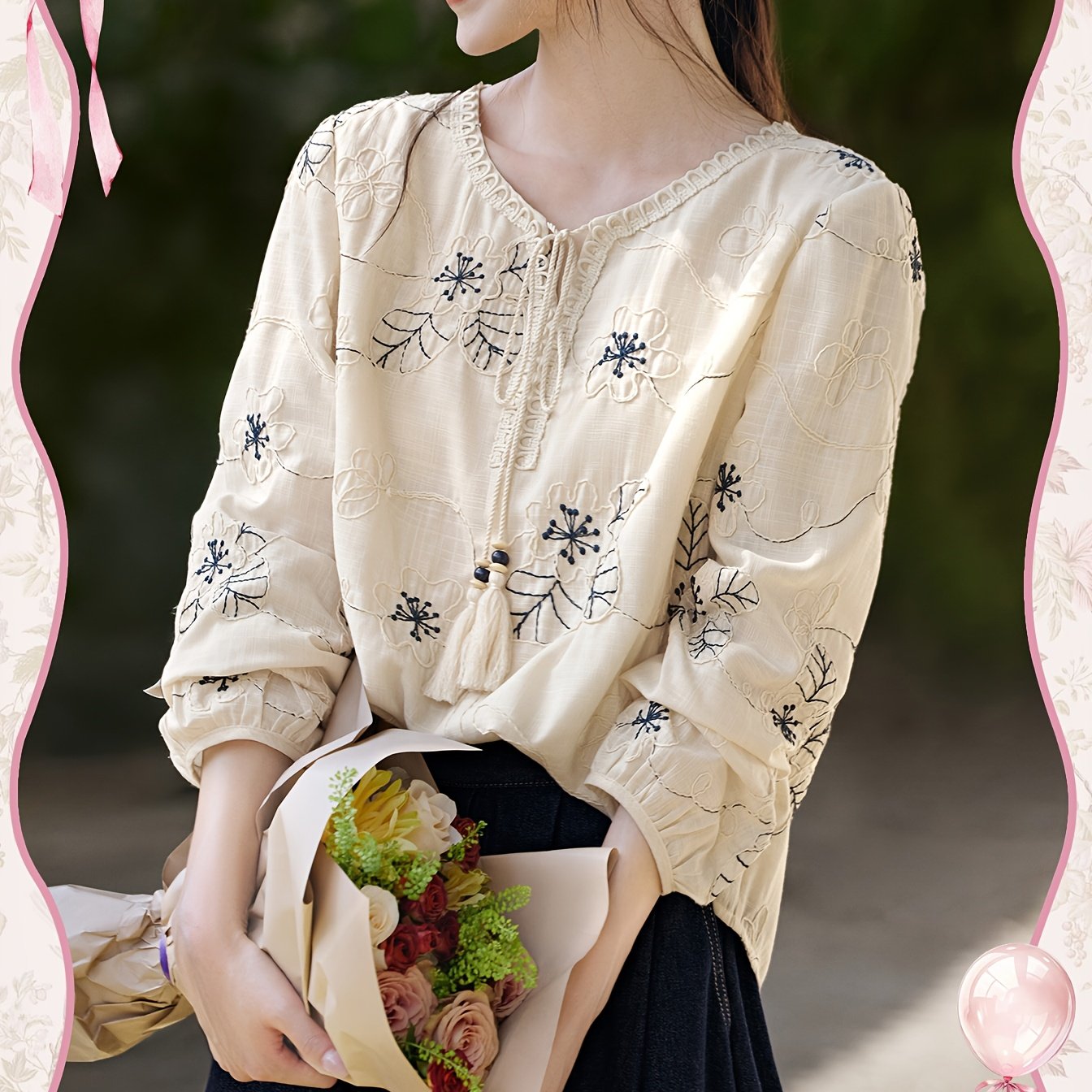 New Spring, Summer & Autumn Shirt: Poetic Romantic Embroidery Youthful Shirts - Elegant Chinese Aesthetic Floral Blouse