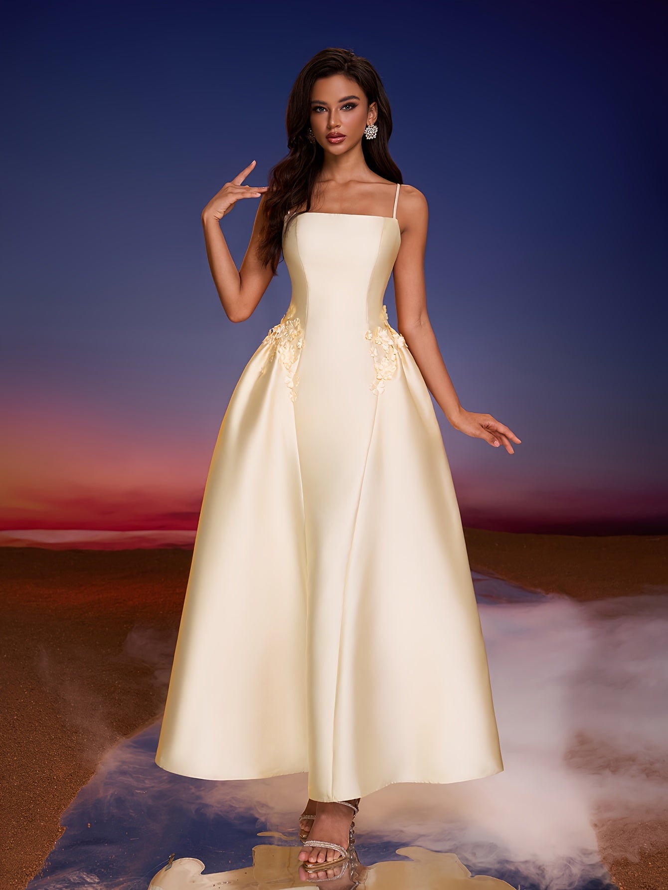 Elegant Off-Shoulder Evening Gown with Floral Embellishments - Beige, Fitted Top & Flowy Skirt, Zipper Closure, Perfect for Parties & Formal Events, Formal Evening Gown