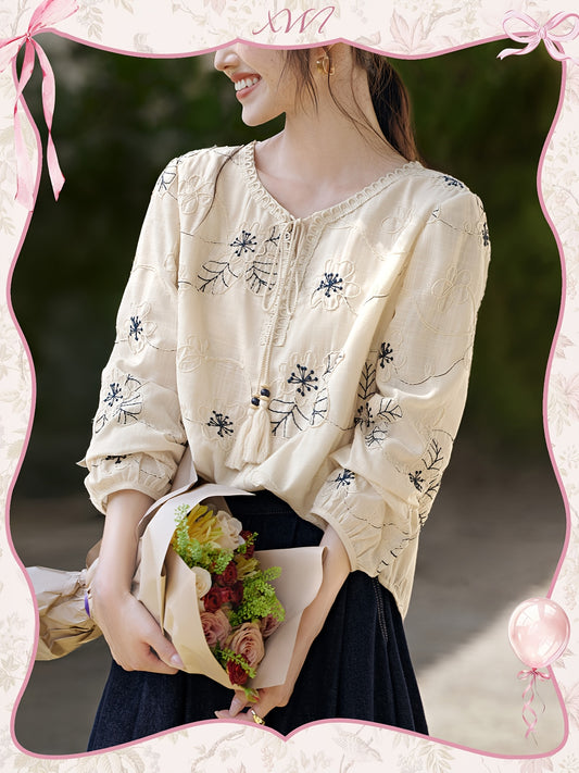 New Spring, Summer & Autumn Shirt: Poetic Romantic Embroidery Youthful Shirts - Elegant Chinese Aesthetic Floral Blouse