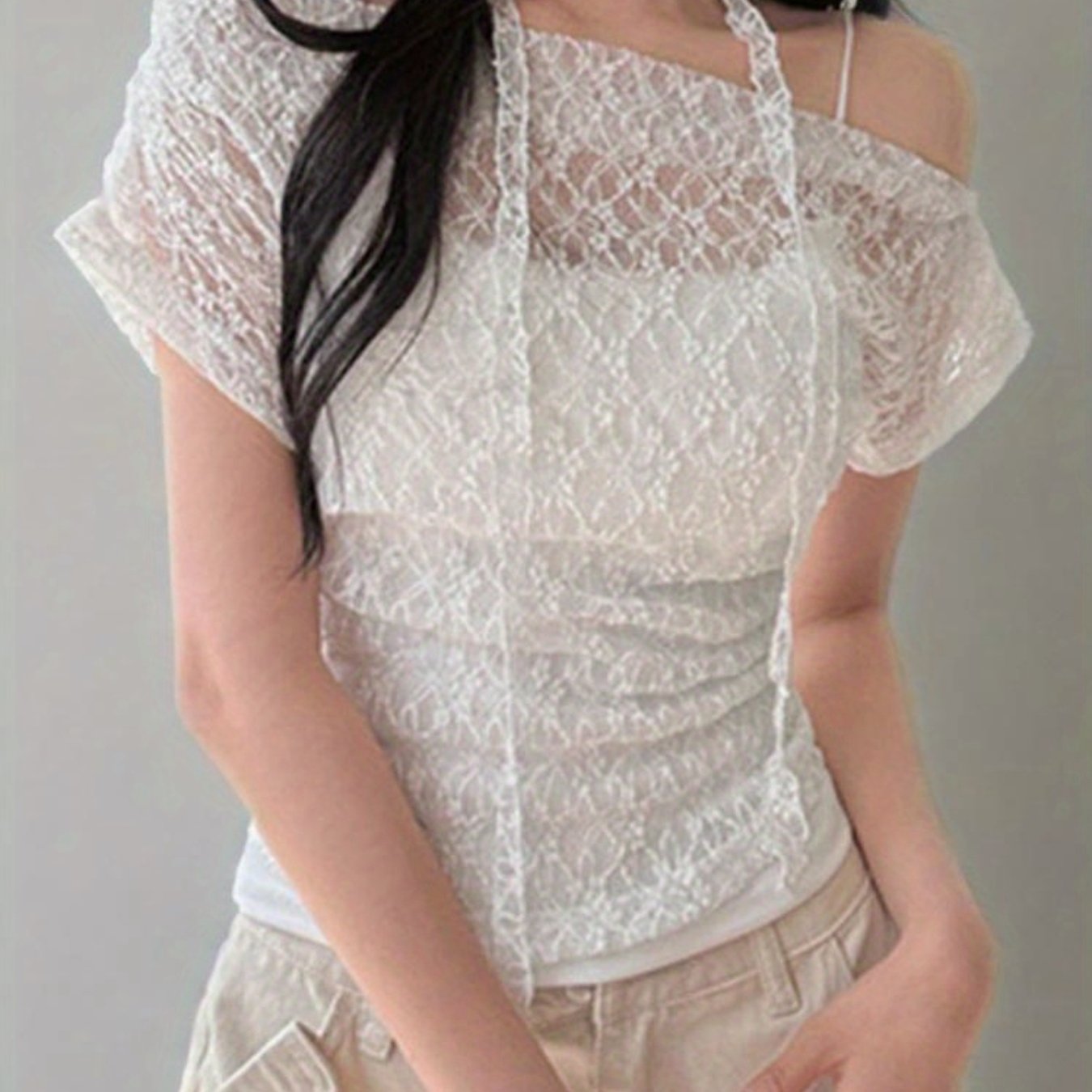 Women'S Summer Lace Off-Shoulder Top with Scarf - Casual Chic Off-Shoulder Blouse, Solid Color, Lightweight & Breathable for Streetwear, Spring\u002FSummer Fashion, Summer Fashion Top | Chic Offshoulder | Lightweight Top