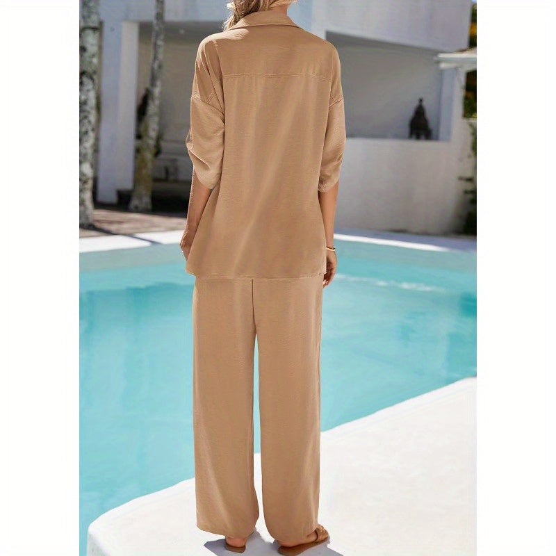 KIRUNDO Two Piece Sets for Women Summer Outfits 2025 Dressy Casual Half Sleeve Button Down Shirt Wide Leg Pants Lounge Set