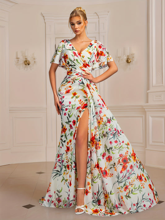 Elegant Floral Print V-Neck Women's Evening Gown with High-Slit Thigh, Ruched Waist & Flowing Tail - Perfect for Parties, Banquets, and Formal Events, Formal Evening Gown, Banquet Attire, Fitted Silhouette, Nontransparent Fabric