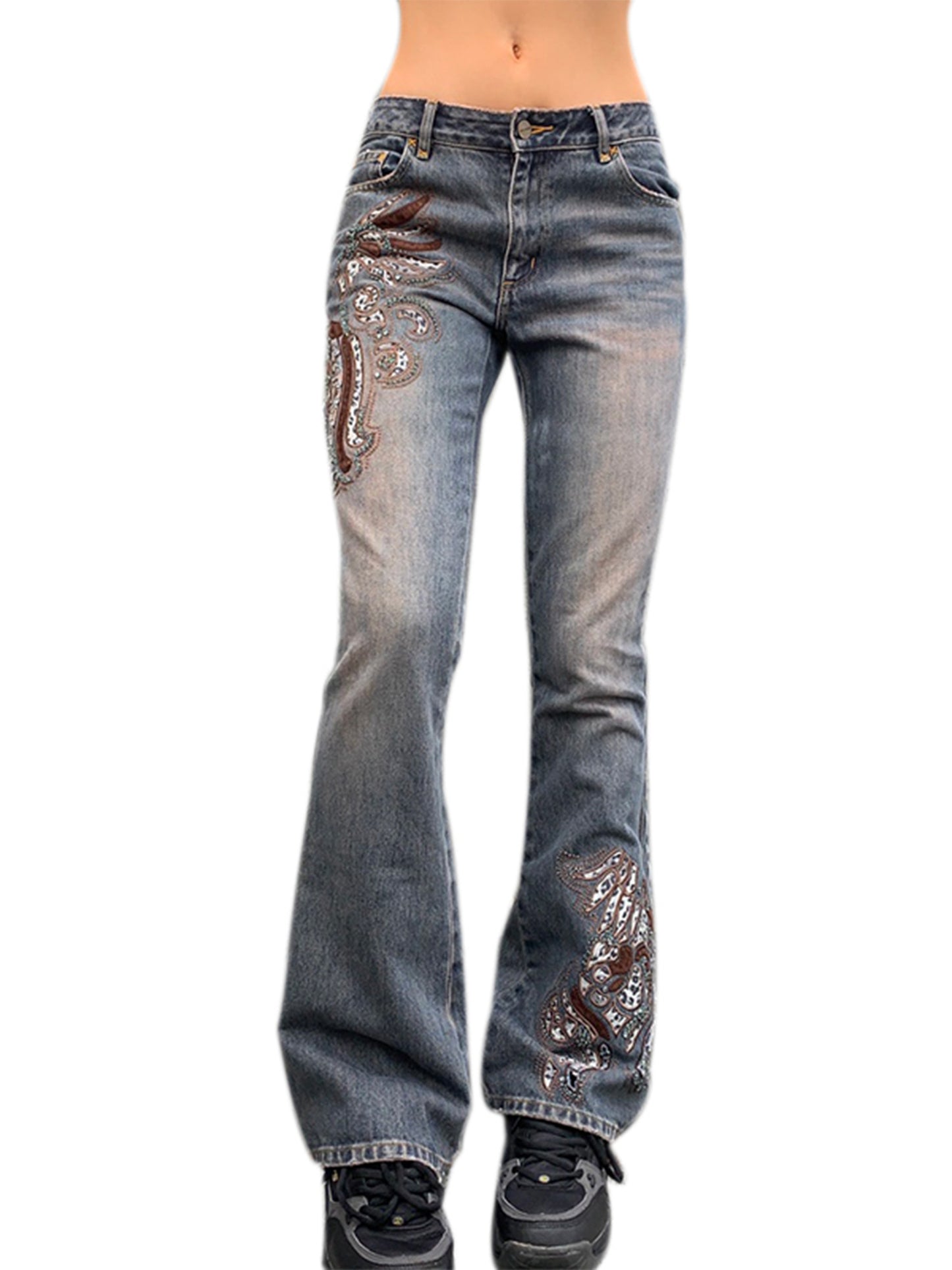 Women's s' Bell Bottom Flared Jeans - 100% Polyester Wide Leg Embroidered Floral Pants, Casual All-Season Trousers with Smooth Texture & Hand Wash Care