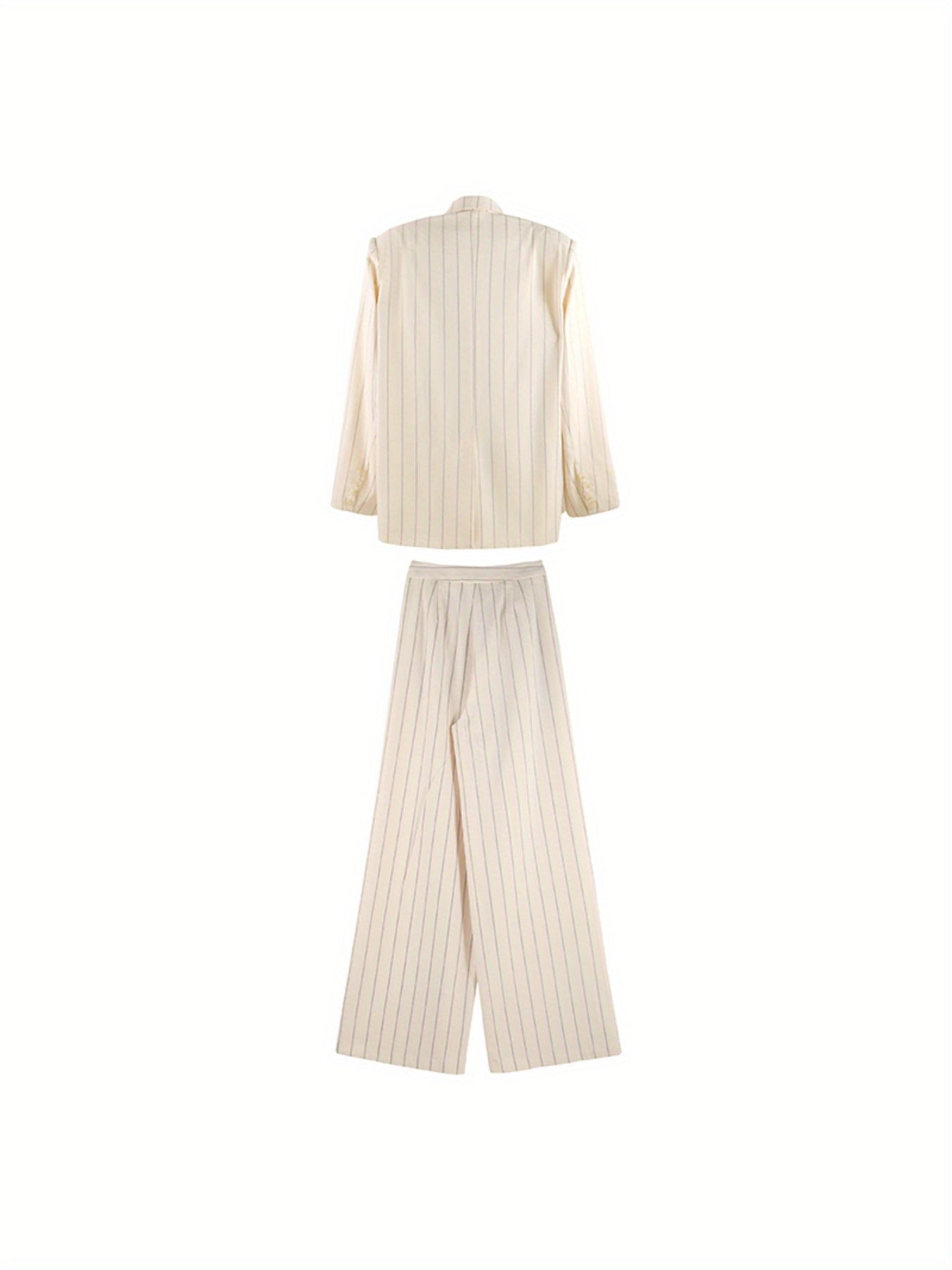 Spring-Summer New Women'S Suit Set with a Turned- Collar And Thin Stripes, Featuring a Double-Breasted Design for The Blazer And Wide-Leg Pants. It exudes a Professional And Elegant Look, Perfect for Office Commute, Business Events, And Formal Gatherings.