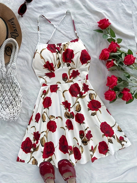 Women's Off-Shoulder A-Line Dress with Bold Red Rose Floral Print - Machine Washable Lightweight Summer Beach Party Dress for Vacations, Gatherings & Casual Outings, Romantic Event Attire | Strappy Detail