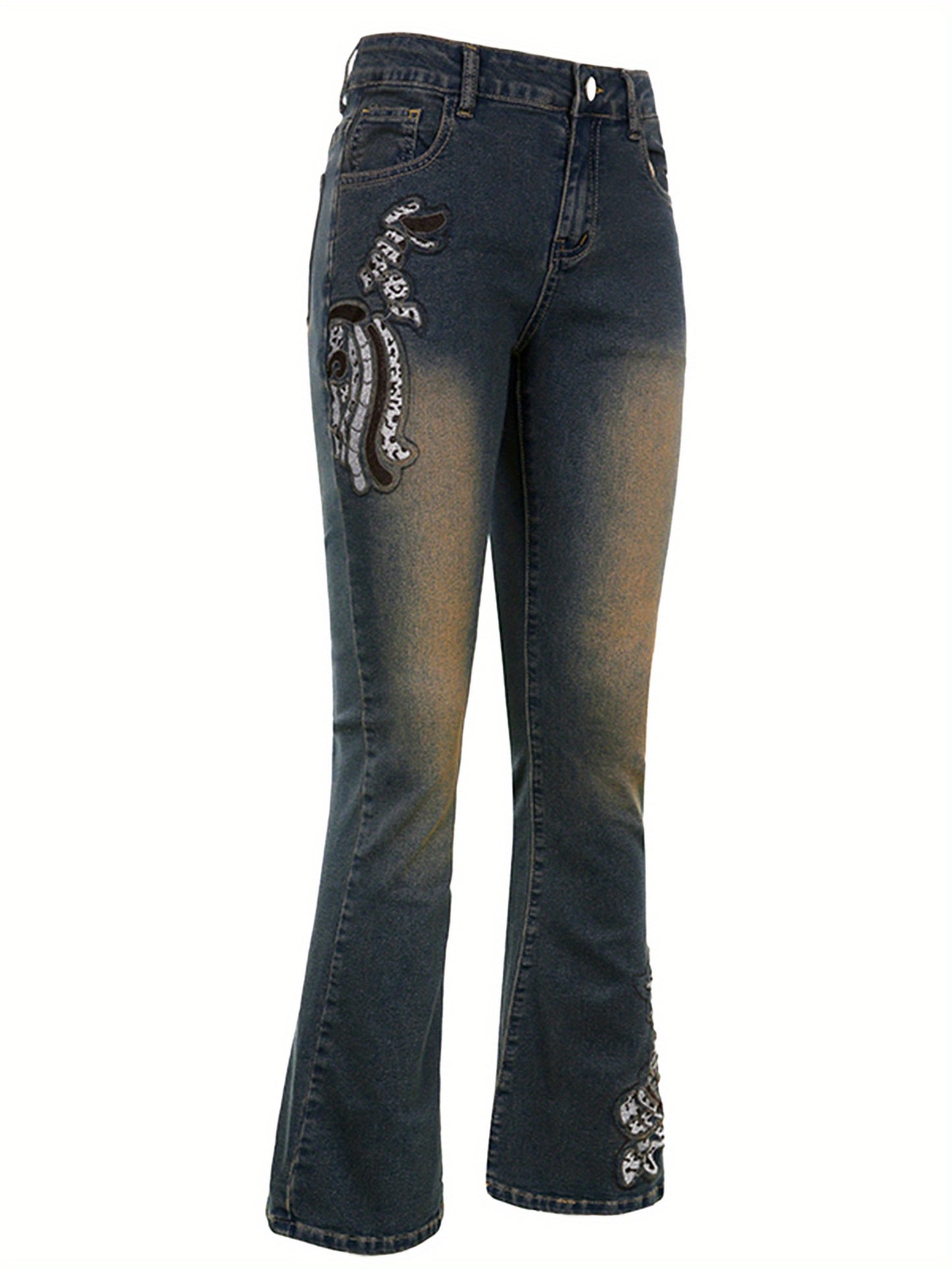 Women's s' Bell Bottom Flared Jeans - 100% Polyester Wide Leg Embroidered Floral Pants, Casual All-Season Trousers with Smooth Texture & Hand Wash Care