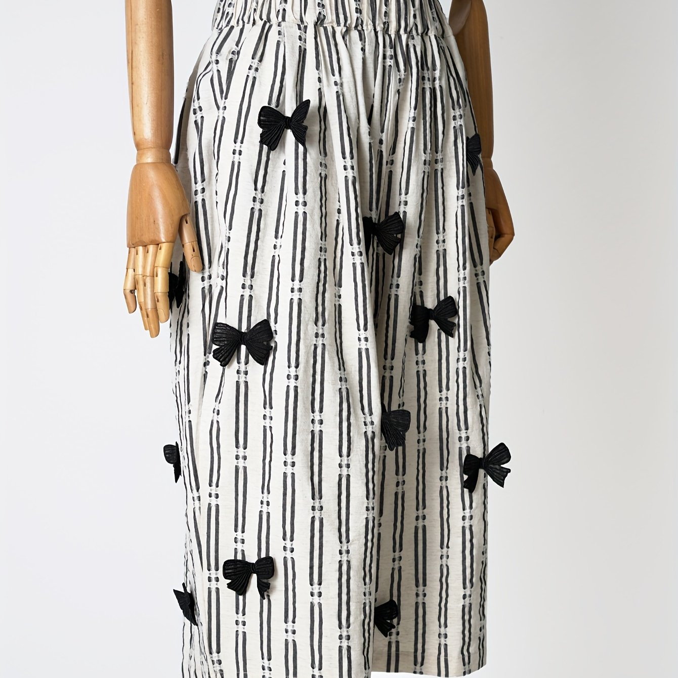 Women'S Casual Summer Wide-Leg Linen Pants with Black Bow Details - Elastic Waist, Loose Fit, White & Black Striped Design, Perfect for Weekend Outings, Wide Leg Pants