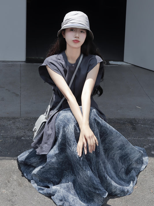 Korean Style Lace-Up Waist Sleeveless Vest Top for Women, New Summer Collection, Solid Color Loose Two-Piece Set with Shirt