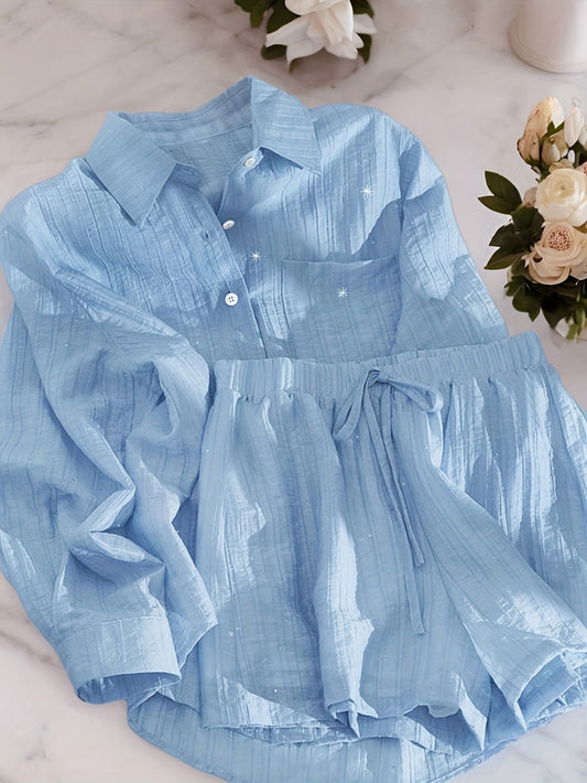 Women'S Casual Light Blue Shirt and Shorts Set - Solid Color, Button-Up Blouse with Ruffled Hem, High-Waisted Shorts, Perfect for Spring\u002FFall, Casual Attire|Ruffled Hem Shirt|Polyester Fabric