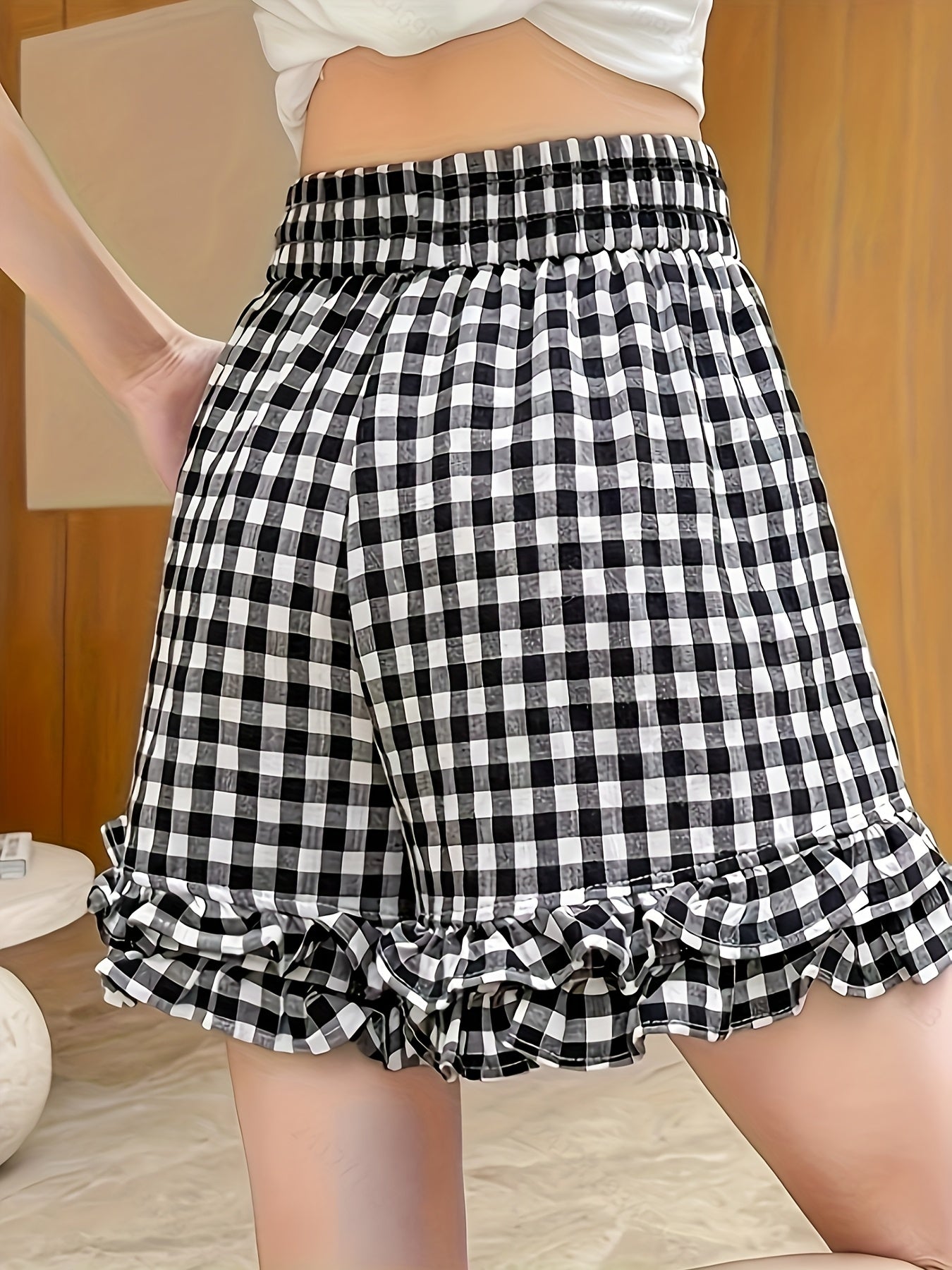 KP 425 Retro Plaid Ruffle Shorts for Women - Y2K Style Wide-Leg Summer Shorts with Checkered Pattern, Black & White, Loose Fit, Casual Outdoor Wear, Casual Summer Wear | Y2K Fashion Shorts | Glossy Fabric Shorts