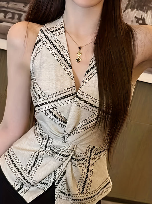 Vintage-Inspired Linen V-Neck Blouse with Twist Detail - Sleeveless, Button-Up Shirt for Women, Perfect for Summer, Casual Chic Style, Casual Chic Top|Vintage Style Shirt|Sleeveless Top