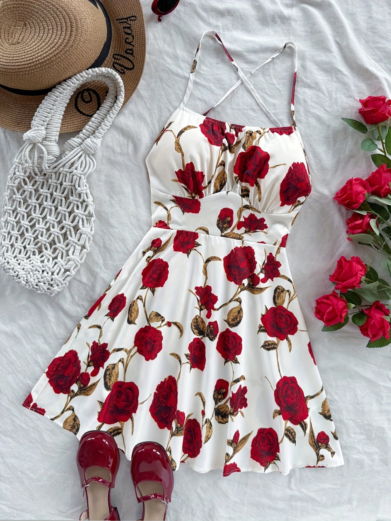 Women's Off-Shoulder A-Line Dress with Bold Red Rose Floral Print - Machine Washable Lightweight Summer Beach Party Dress for Vacations, Gatherings & Casual Outings, Romantic Event Attire | Strappy Detail