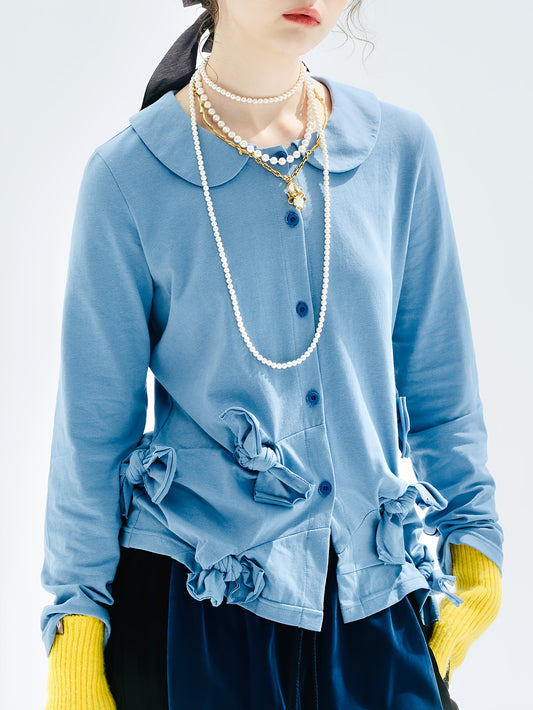 Qing Shui Blue Shirt Women's 2025 Early Autumn Japanese Style Bow Long Sleeve Doll Collar Cardigan Top