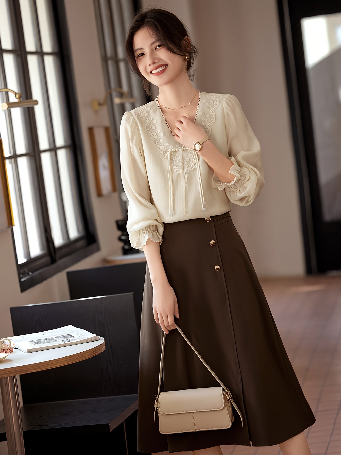 Women's Elegant V-Neck Blouse - Non-Transparent Long Sleeve Shirt, Office & Formal Events - XWI Women's Elegant Shirt for Spring\u002FSummer Everyday & Special Occasions, Special Occasion Top, Intricate Embroidery