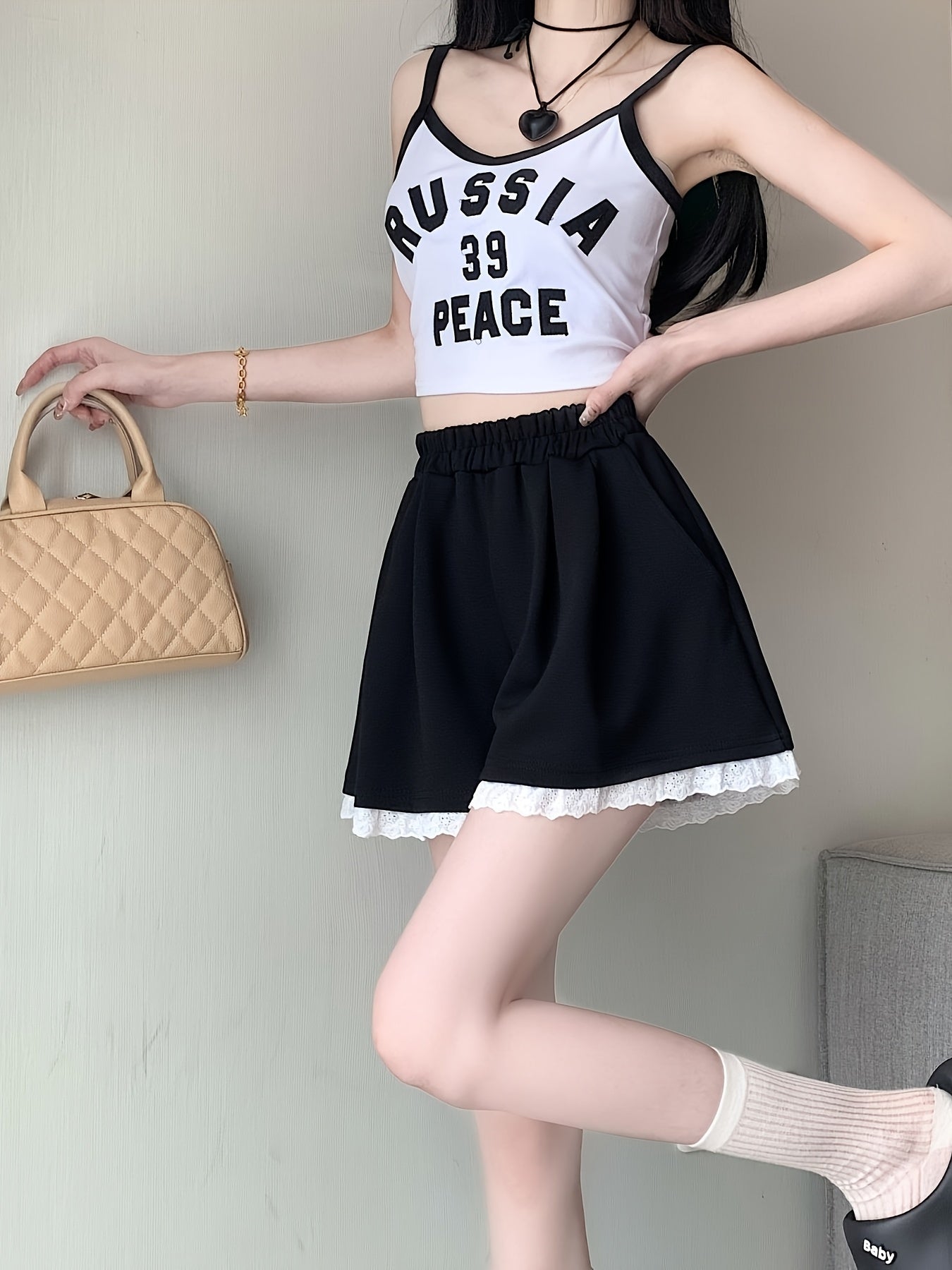 New Stylish Contrast Lace Trim Elastic Waist Loose Fit Wide-Leg Shorts for Women - Fashionable, Versatile, and Summer Casual y Style