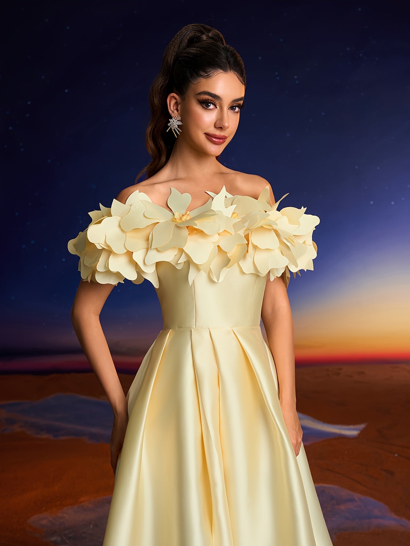Elegant 3D Hand-Painted Floral Off-Shoulder Gown for Women - Chic Yellow Formal Evening Dress with Ruffled Sleeves, Perfect for Parties, Dinners, and Family Gatherings, Formal Evening Gown