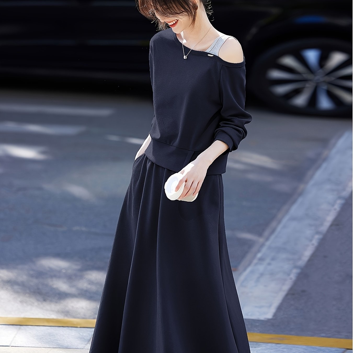 Chic Off-Shoulder Ribbed Top & Pleated Midi Skirt Set - Casual Two-Piece, Loose Fit, Long Sleeve, Solid Color, Spring\u002FFall Women'S Outfit, Casual Attire|Asymmetrical Neckline| Construction, Off Shoulder Top