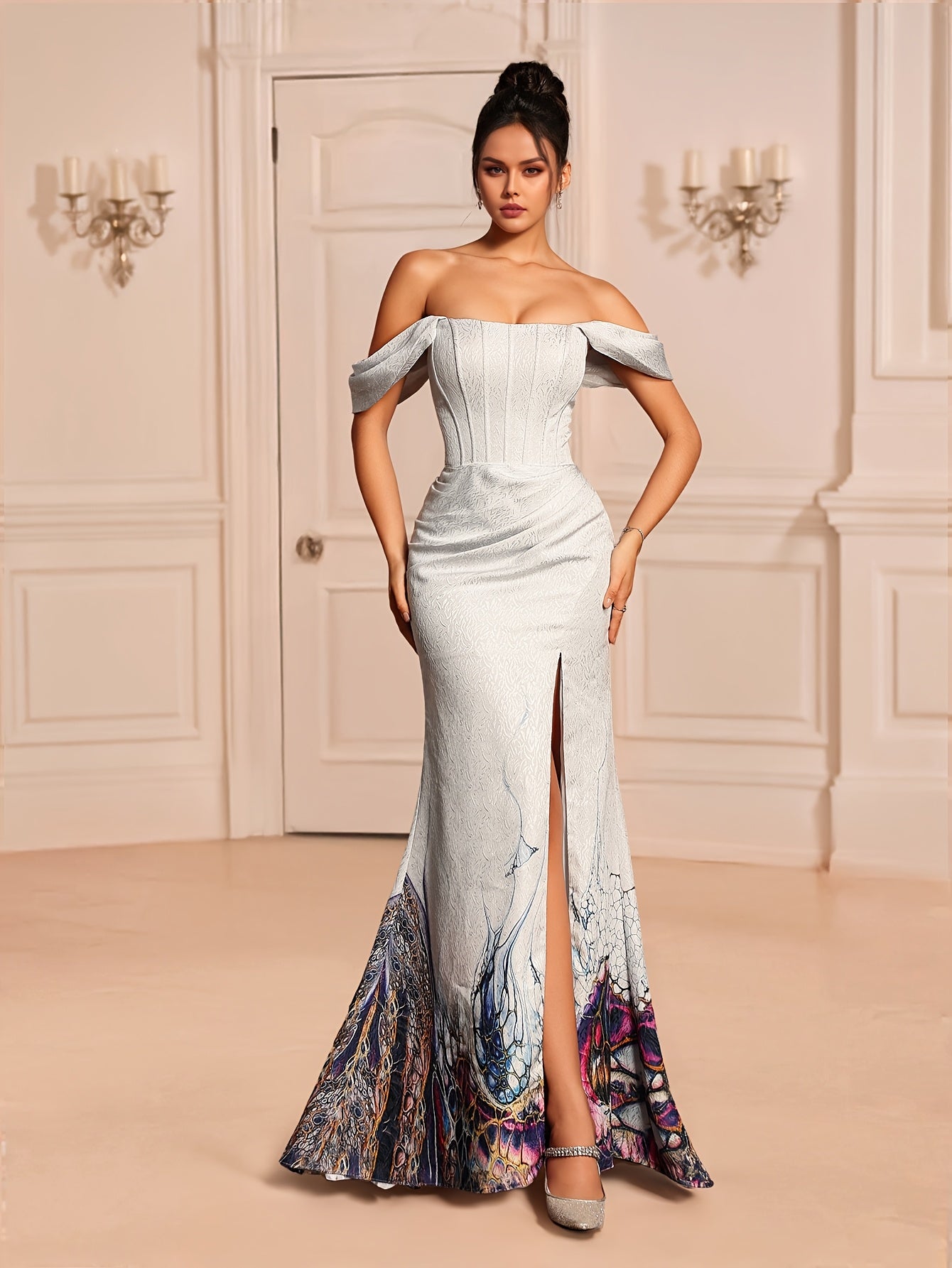 Women's Elegant Off-the-Shoulder Evening Gown with High Slit & Mermaid Silhouette - Long Sleeveless Formal Dress, Fishbone Corset Waist, A-Line Cut for Weddings, Galas & Black-Tie Events, Wedding Guest Attire, Sophisticated Detailing