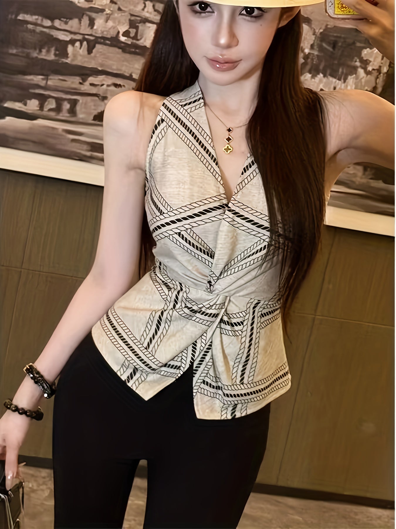 Vintage-Inspired Linen V-Neck Blouse with Twist Detail - Sleeveless, Button-Up Shirt for Women, Perfect for Summer, Casual Chic Style, Casual Chic Top|Vintage Style Shirt|Sleeveless Top