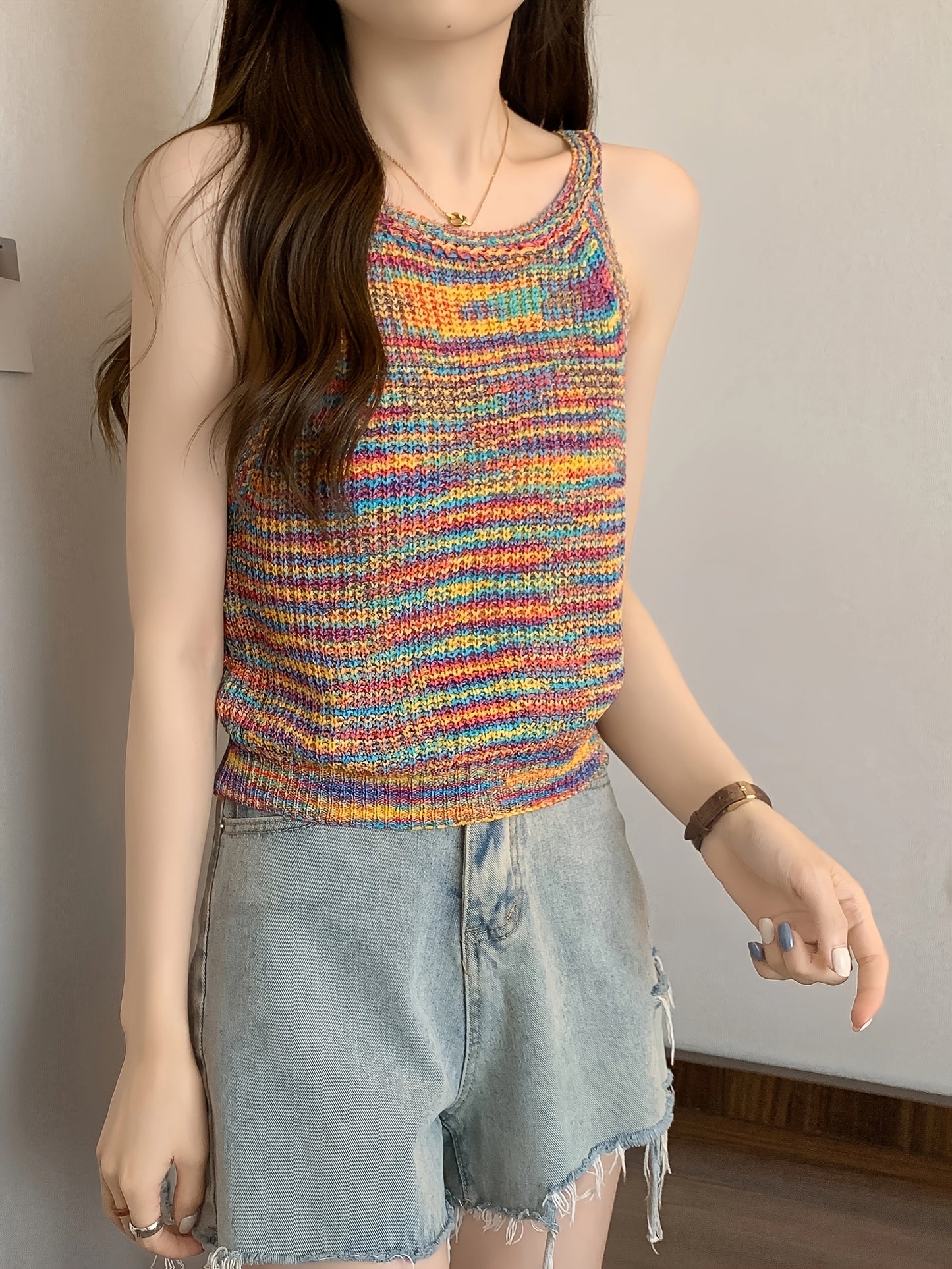 Vibrant Striped Top Vibrant Rainbow Striped Women's Halter Neck Tank Top | Colorful, Stretchy Sleeveless Knit Top for Summer, Spring & Fall, Casual Weekend Wear