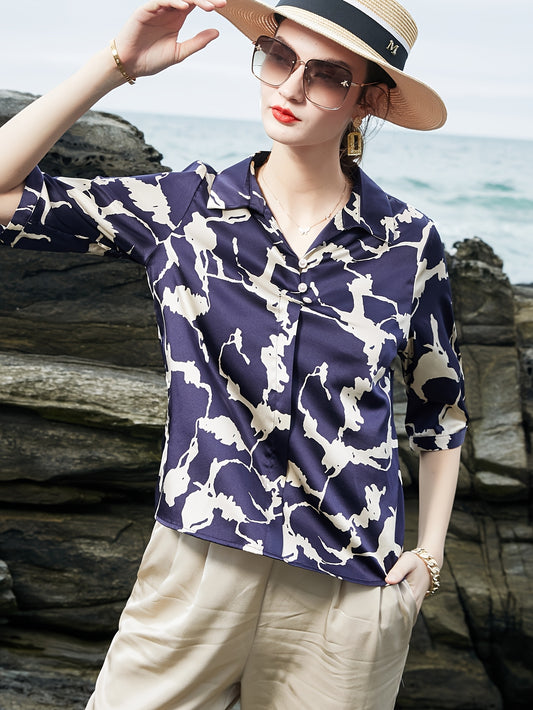 2025 New Summer Women'S Short Sleeve Blouse - Heavyweight Mulberry Silky, Elegant Printed Design, Chic Lapel Collar, Perfect for Casual or Office Wear, Everyday Fashion Top, Office Attire | Elegant Print Top | Silky Texture