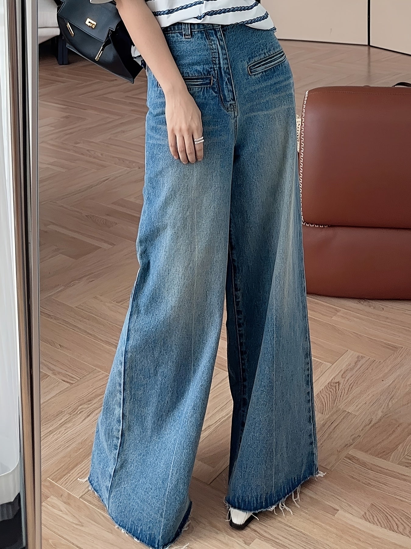 MEIYANG Women'S High-Waist Wide Leg Jeans with Cat Whisker Hem - Relaxed Fit Loose Pants, No Belt, All-Season Casual Wear, Solid Color, Pockets Included, Comfortable Denim for Casual Attire, Allseason Jeans | Relaxed Fit Pants | Durable Denim Fabric