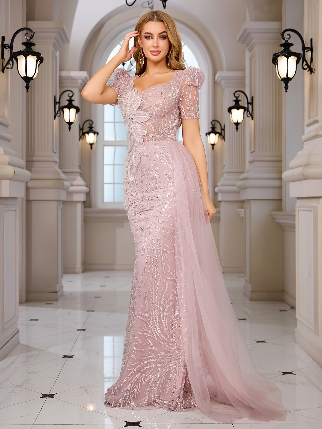 Pink Sequin Gown Sequin Elegant Pink Mermaid Evening Gown | 3D Floral Embellishments and Puff Sleeves - Bodycon Long Formal Dress for Women, Perfect for Parties and Special Occasions, Formal Event Attire