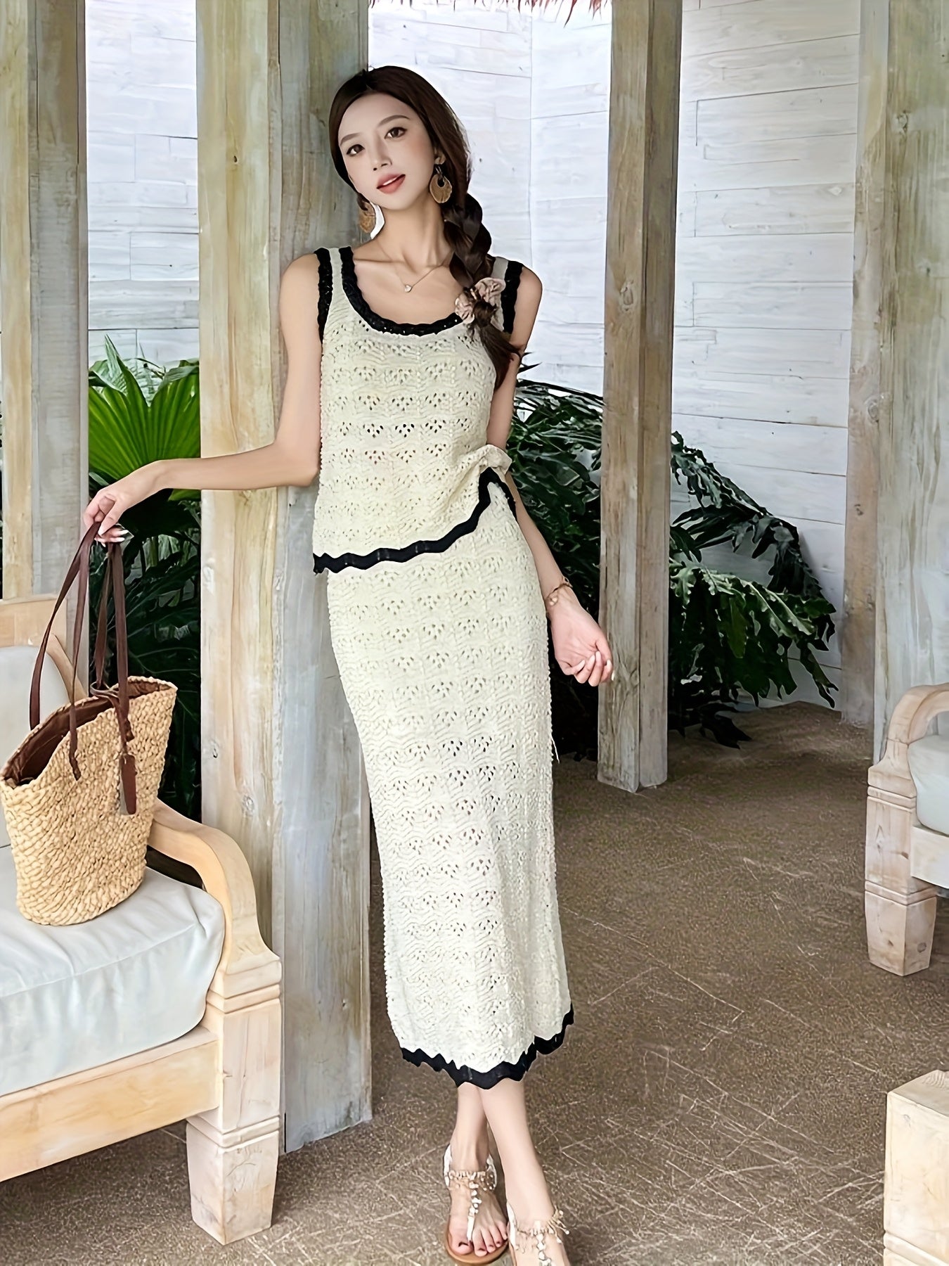 Summer New Vacation Gentle Style Hollow U-Neck Contrast Strap + Design Sensual Crochet High Waist Long Skirt Half-Body Skirt - Beautiful Temperament Set