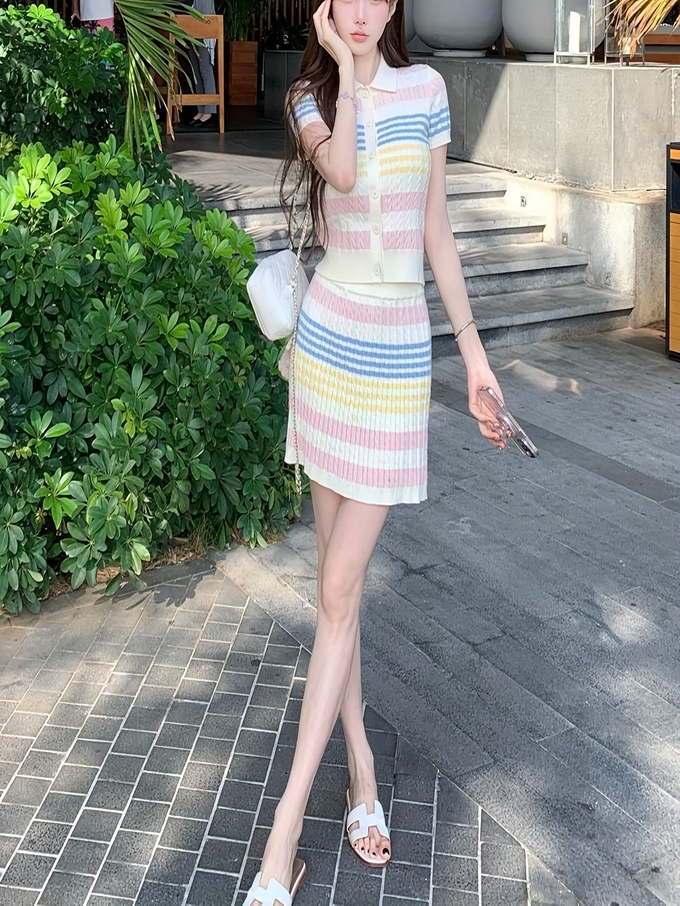 Sweet Fashion Color Striped Set, Short Sleeve Midi Skirt Two-Piece with Collar Design, Summer Women's