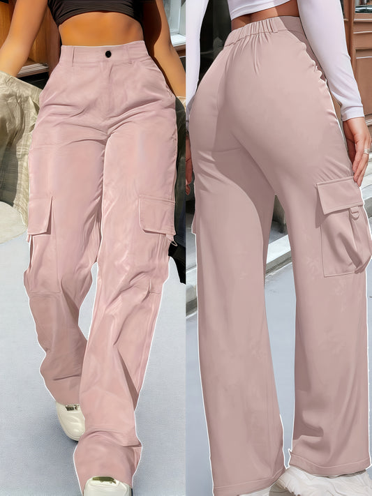 Women'S Retro Cargo Pants - Quick-Dry, Loose Fit with Pockets, Elastic Waistband, Solid Color, Polyester, Casual & Versatile for All Seasons, Perfect for Outdoor, Casual Wear Pants|Retro Cargo Pants|Polyester Fabric