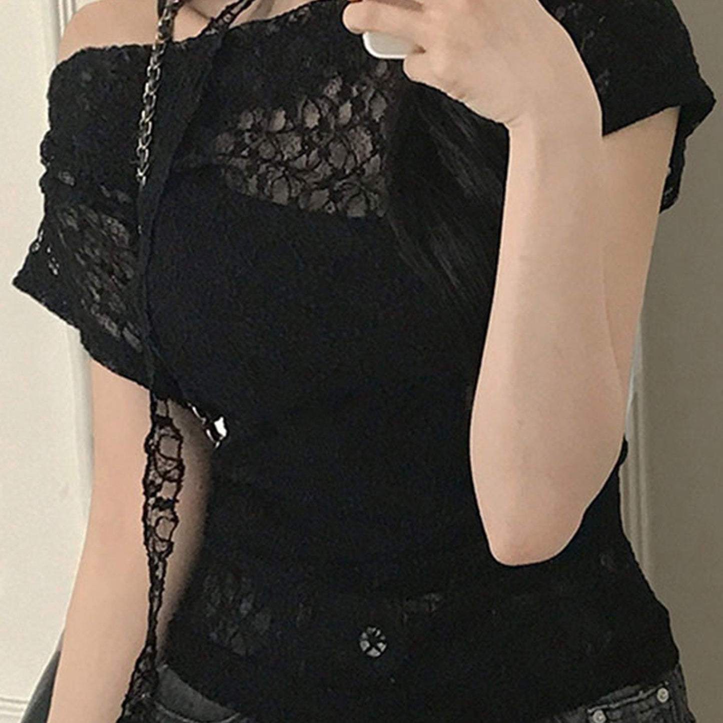 Women'S Summer Lace Off-Shoulder Top with Scarf - Casual Chic Off-Shoulder Blouse, Solid Color, Lightweight & Breathable for Streetwear, Spring\u002FSummer Fashion, Summer Fashion Top | Chic Offshoulder | Lightweight Top
