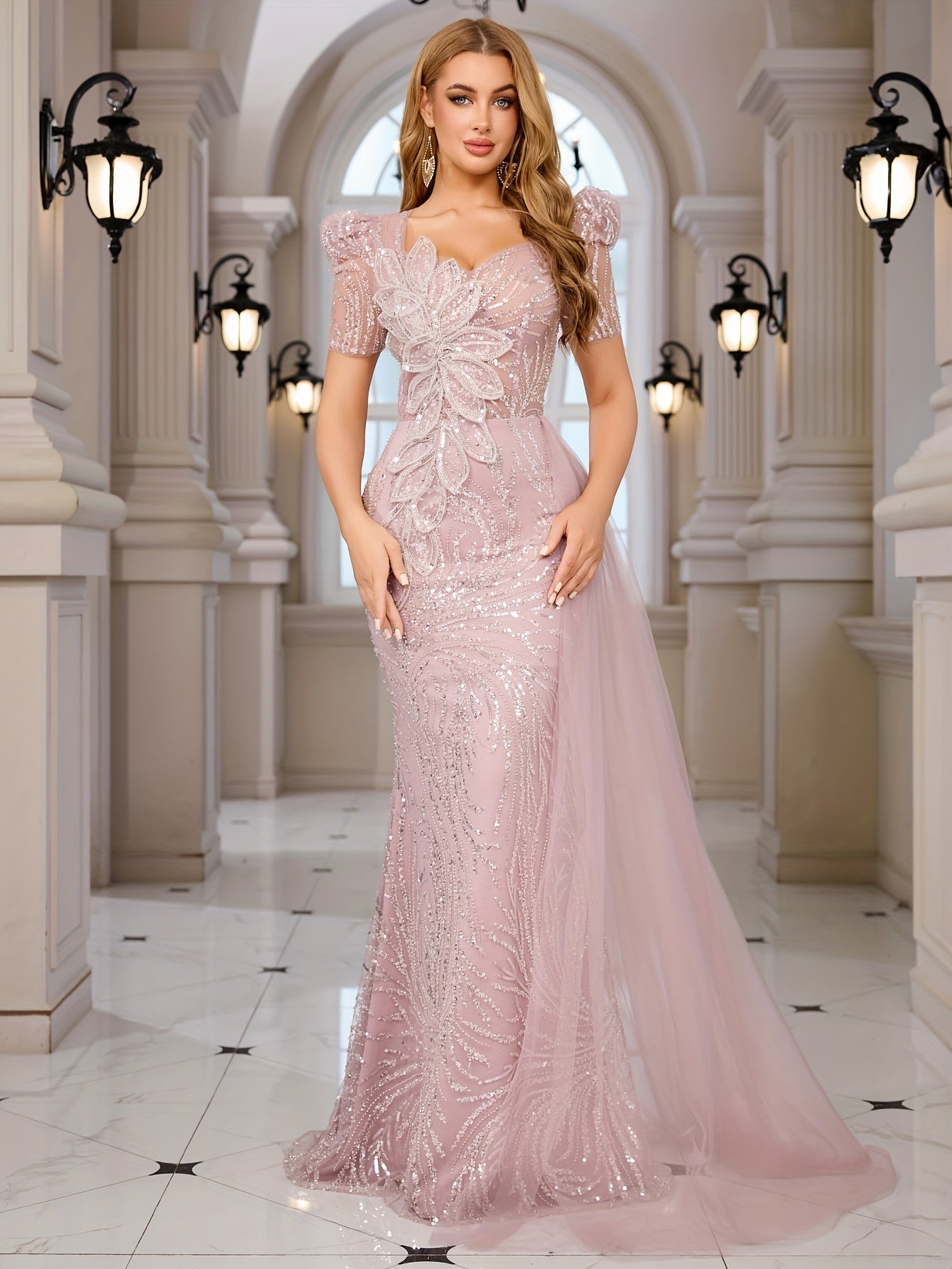 Pink Sequin Gown Sequin Elegant Pink Mermaid Evening Gown | 3D Floral Embellishments and Puff Sleeves - Bodycon Long Formal Dress for Women, Perfect for Parties and Special Occasions, Formal Event Attire