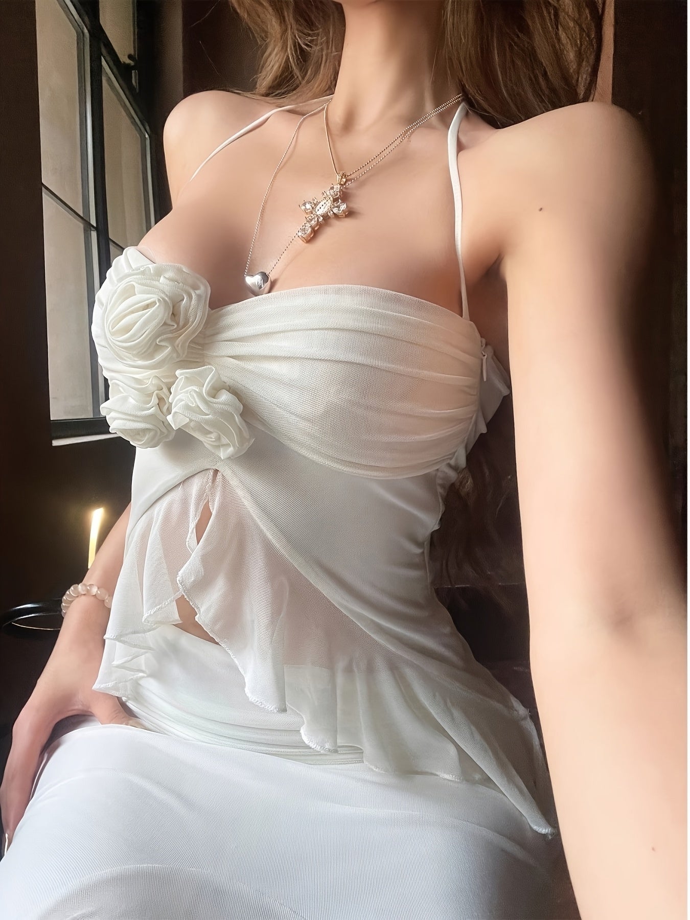 Sexy Beach Dress Sleeveless White Halter Neck Mini Dress | Floral Embroidery, Stretchy Fabric, Ruched Waist, High Slit Skirt, Beach Attire