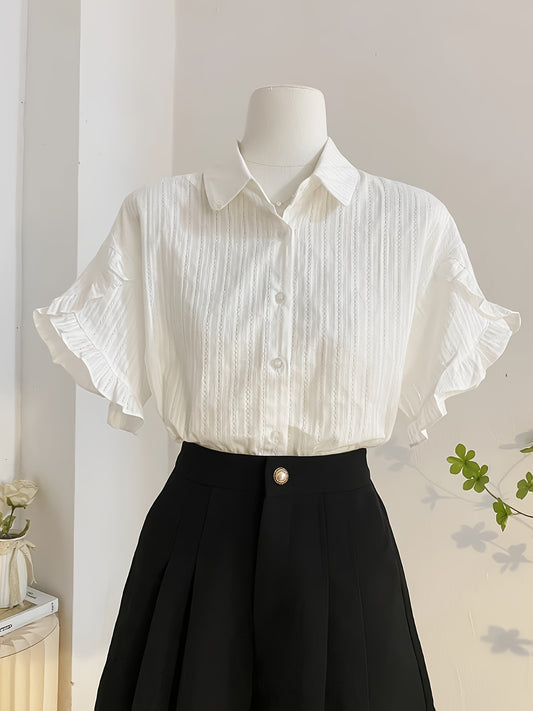 Women's White Collar Bell Sleeve Blouse - Elegant Summer Top with Button-Up Front, Loose Fit & Flared Sleeves for a Chic, Age-Reducing Look, Ladies Blouses
