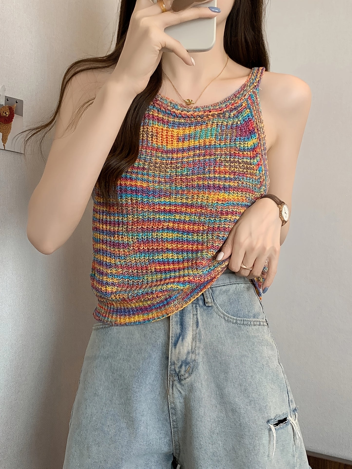 Vibrant Striped Top Vibrant Rainbow Striped Women's Halter Neck Tank Top | Colorful, Stretchy Sleeveless Knit Top for Summer, Spring & Fall, Casual Weekend Wear