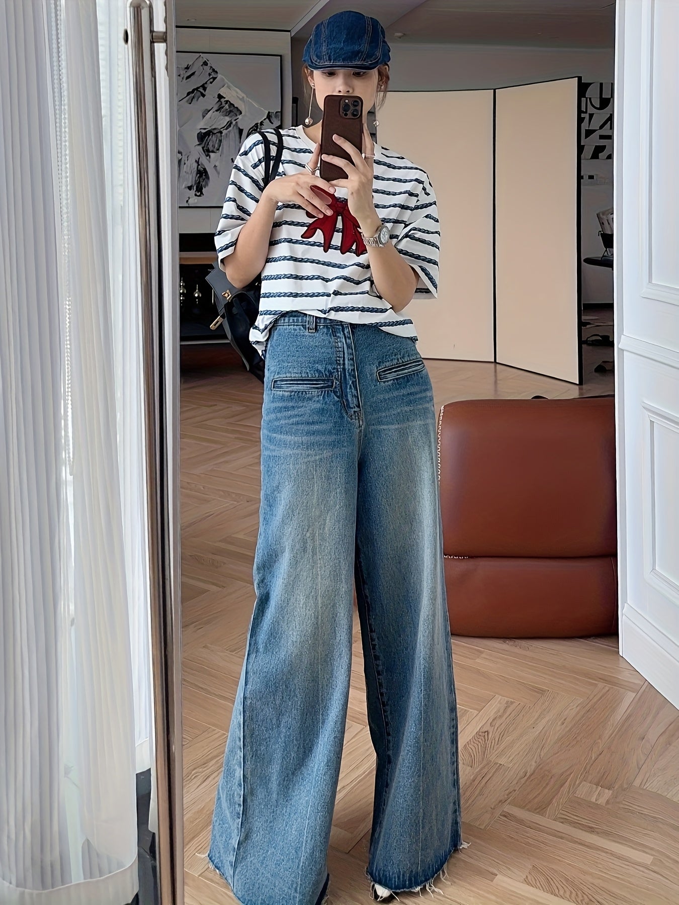 MEIYANG Women'S High-Waist Wide Leg Jeans with Cat Whisker Hem - Relaxed Fit Loose Pants, No Belt, All-Season Casual Wear, Solid Color, Pockets Included, Comfortable Denim for Casual Attire, Allseason Jeans | Relaxed Fit Pants | Durable Denim Fabric