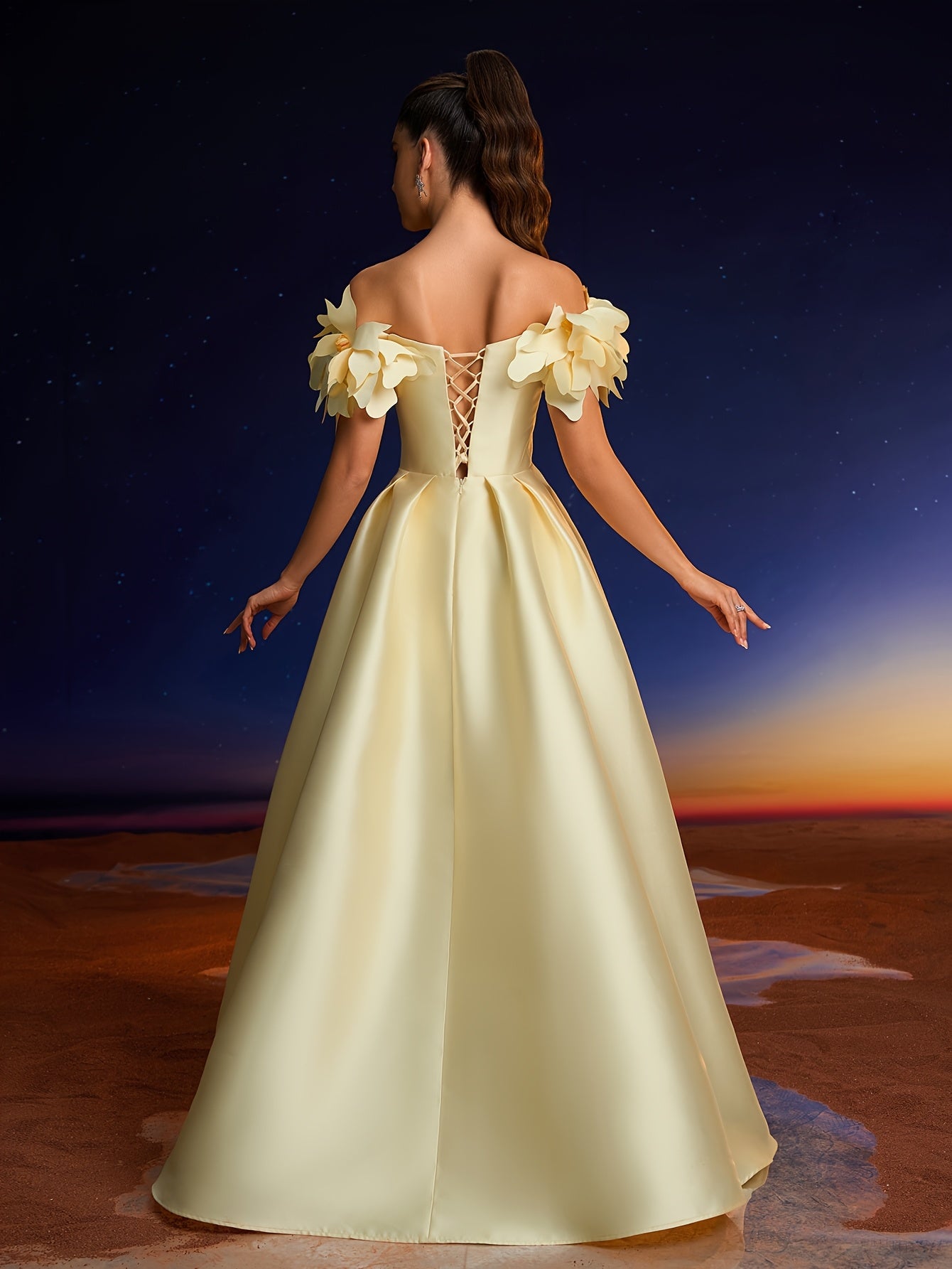 Elegant 3D Hand-Painted Floral Off-Shoulder Gown for Women - Chic Yellow Formal Evening Dress with Ruffled Sleeves, Perfect for Parties, Dinners, and Family Gatherings, Formal Evening Gown