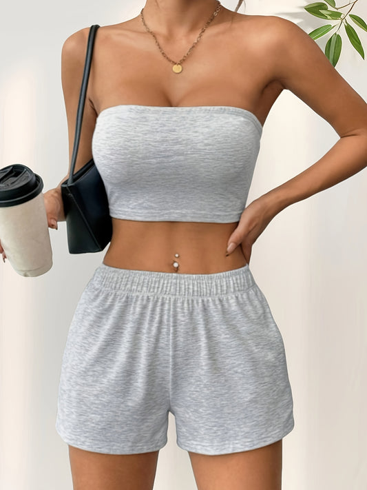 Women'S Solid Color Casual Two-Piece Summer Daily Strapless Crop Top and Shorts Set, Perfect for Outdoor