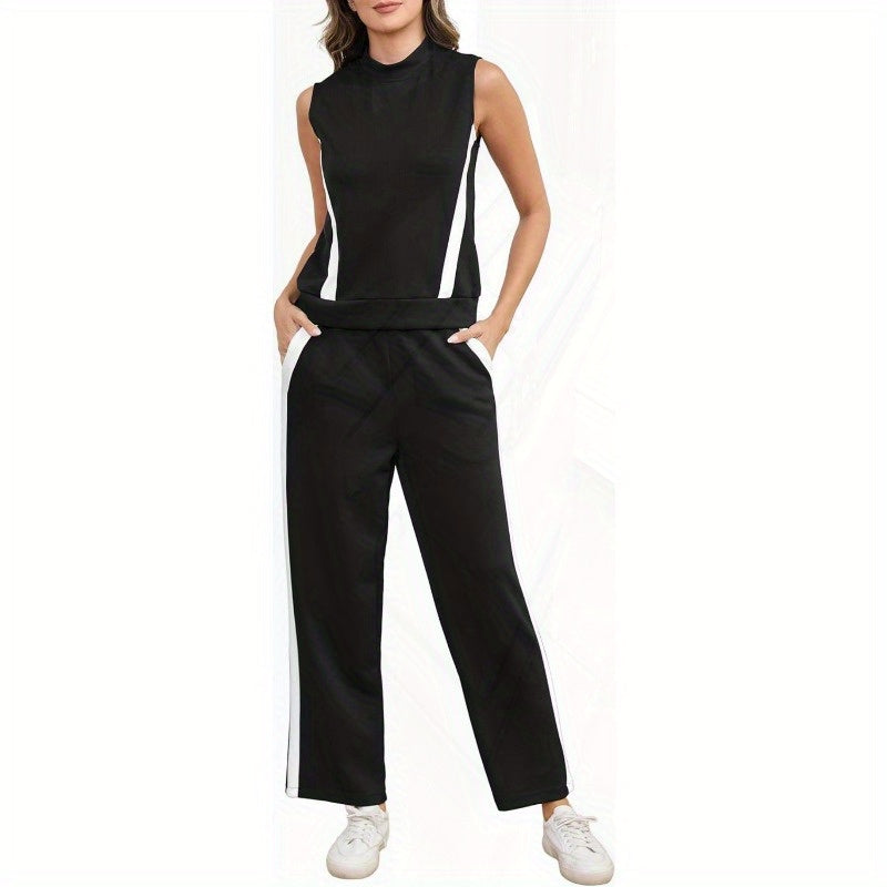 Aokivvy Women'S Summer Two-Piece Sets, Featuring Lounge Outfits with Mock Neck And Wide Leg Pants in Striped Casual Tracksuit Style