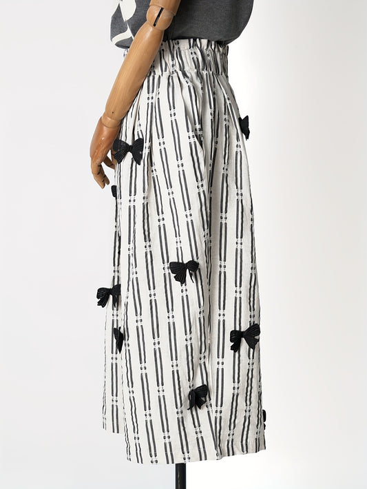 Women'S Casual Summer Wide-Leg Linen Pants with Black Bow Details - Elastic Waist, Loose Fit, White & Black Striped Design, Perfect for Weekend Outings, Wide Leg Pants