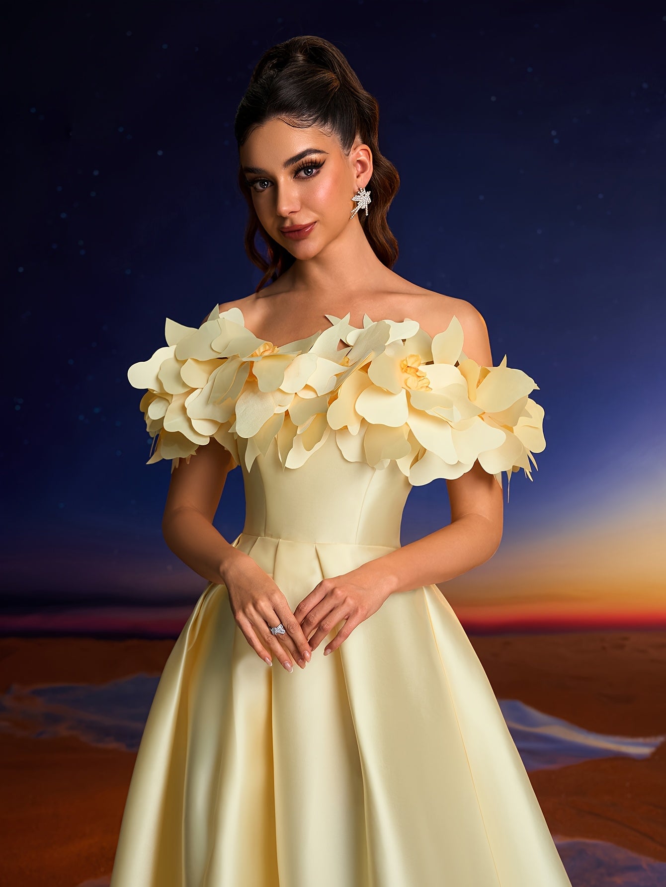 Elegant 3D Hand-Painted Floral Off-Shoulder Gown for Women - Chic Yellow Formal Evening Dress with Ruffled Sleeves, Perfect for Parties, Dinners, and Family Gatherings, Formal Evening Gown