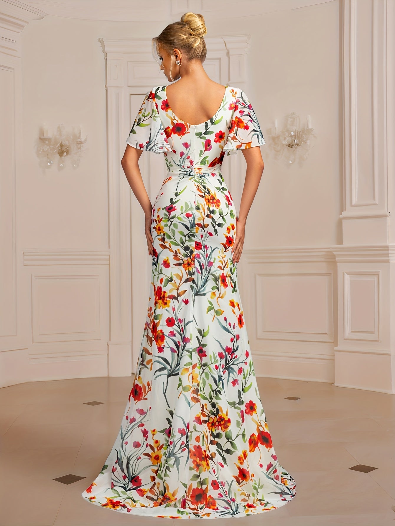 Elegant Floral Print V-Neck Women's Evening Gown with High-Slit Thigh, Ruched Waist & Flowing Tail - Perfect for Parties, Banquets, and Formal Events, Formal Evening Gown, Banquet Attire, Fitted Silhouette, Nontransparent Fabric