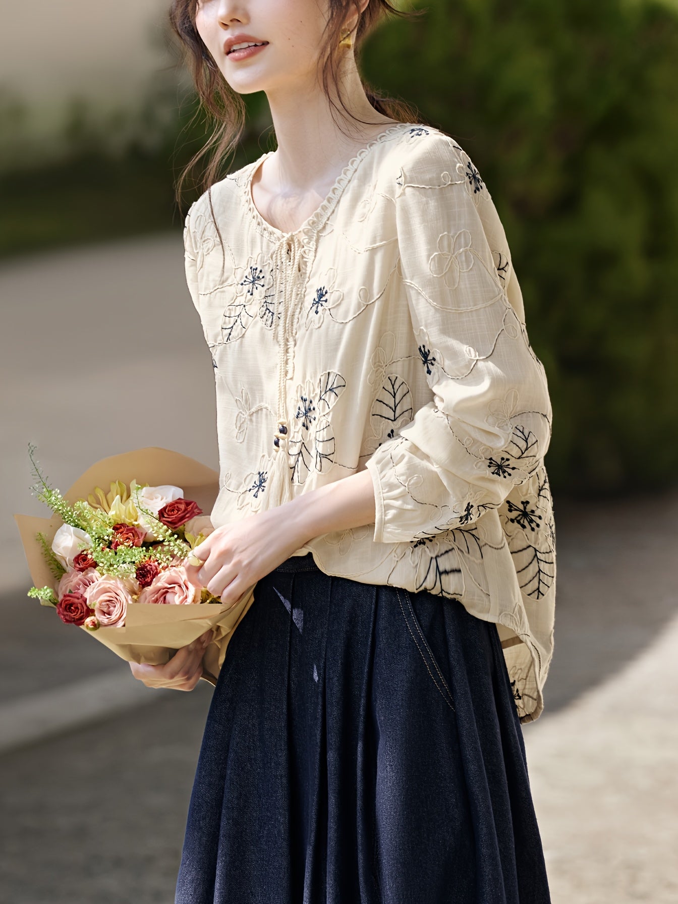New Spring, Summer & Autumn Shirt: Poetic Romantic Embroidery Youthful Shirts - Elegant Chinese Aesthetic Floral Blouse
